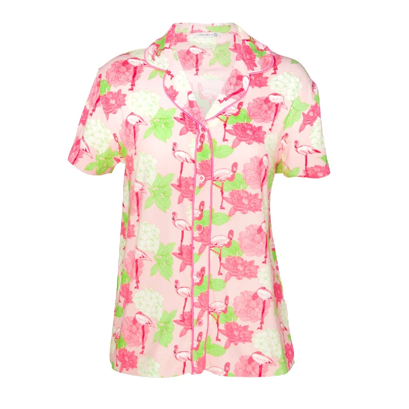 Hydrangea Flamingo Notched Collar and Shorts Pajama Set