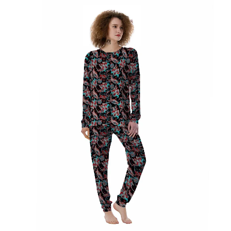 Red And Blue Neon Paisley Floral Print Pattern Women's Pajamas