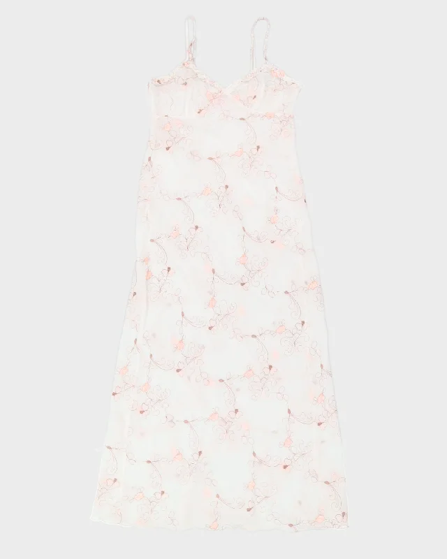 White Mesh Floral Long Slip Dress - XS