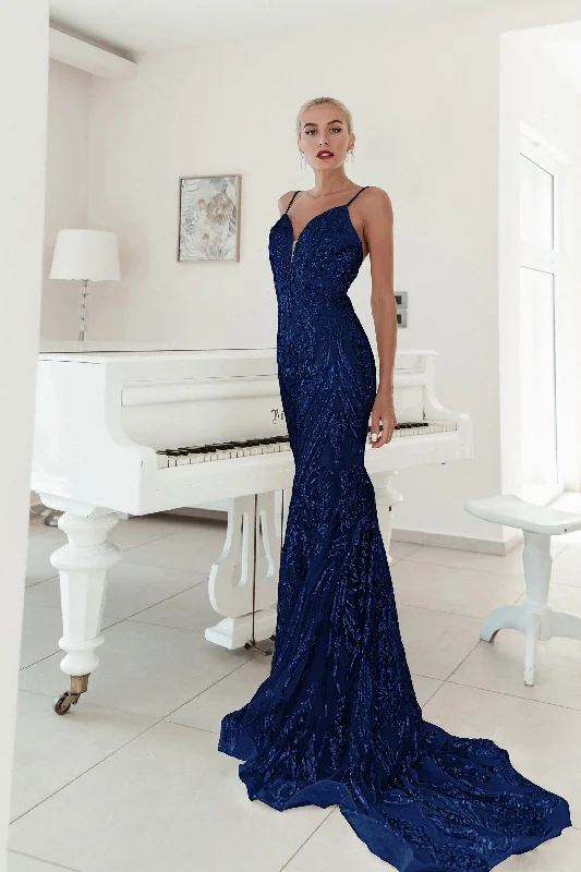 Tina Holly Couture BA666 Navy Sequin Overlay With A Deep V Neckline Mermaid Formal Dress