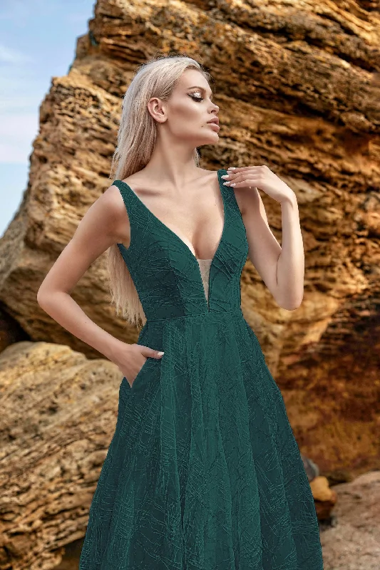 Tina Holly Couture BB003 Emerald Plunge Neckline And Open Low Back A-Line Formal Dress