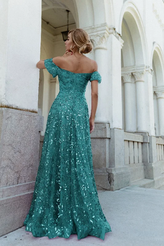 Tina Holly Couture TW023 Teal Green Off Shoulder A Line Formal Dress