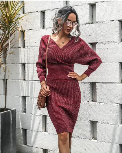 TastyHottie - word collar bat sleeve sweater backless two-piece hip sweater skirt