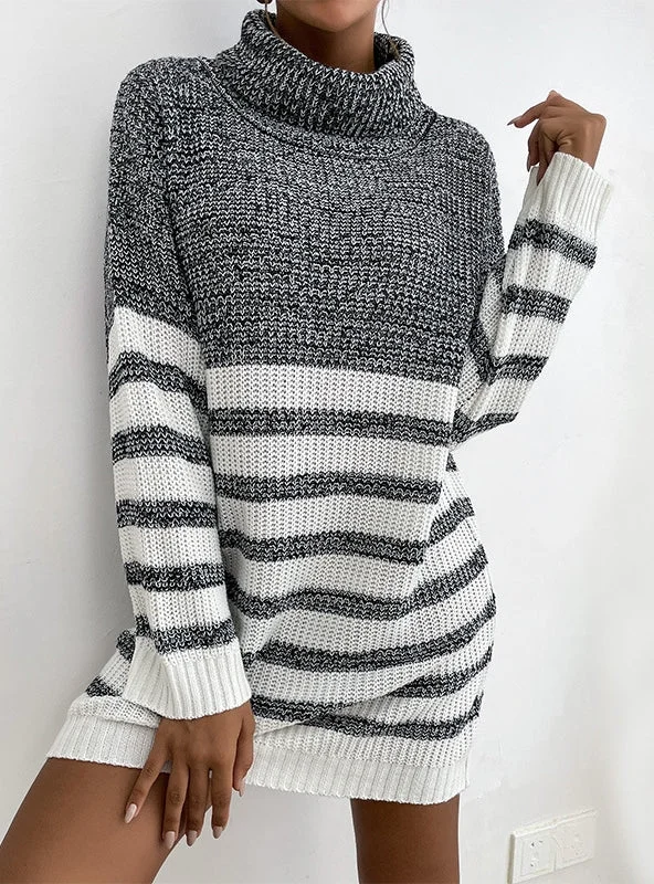 TastyHottie - FASHION LOOSE STRIPED STITCHING CONTRAST TURTLE NECK DRESS