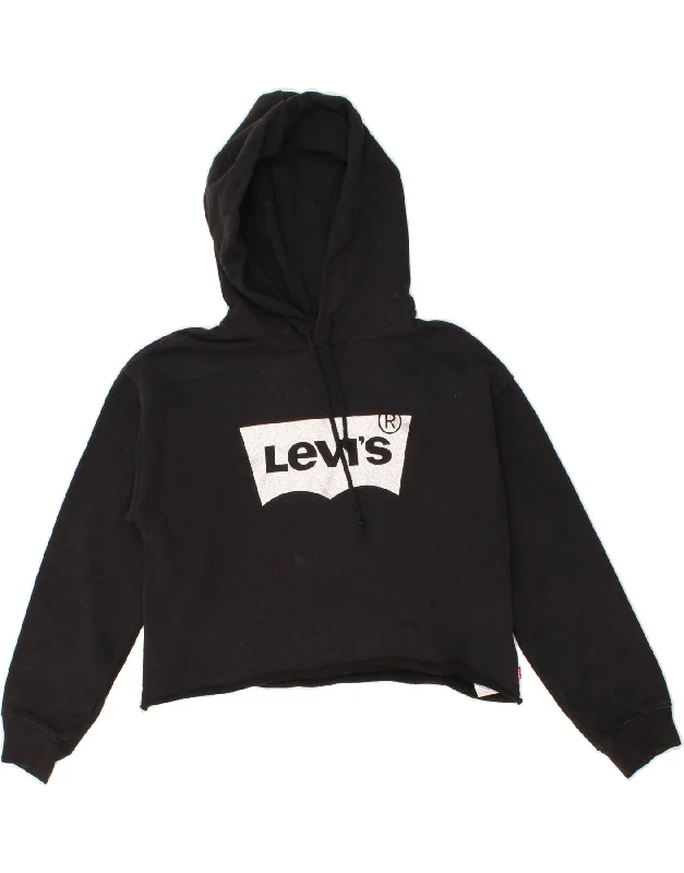 LEVI'S Womens Crop Graphic Hoodie Jumper UK 6 XS Black Cotton