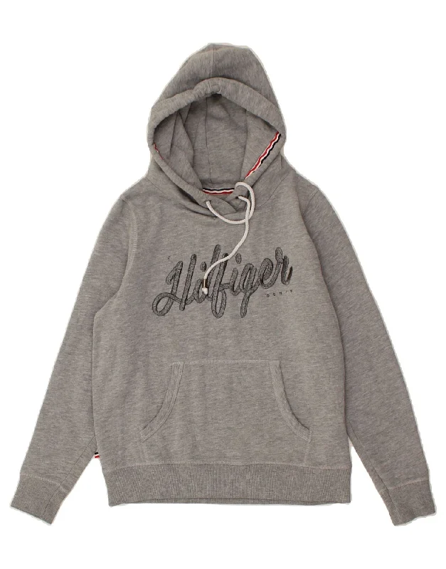 TOMMY HILFIGER Womens Graphic Hoodie Jumper UK 14 Medium Grey Cotton