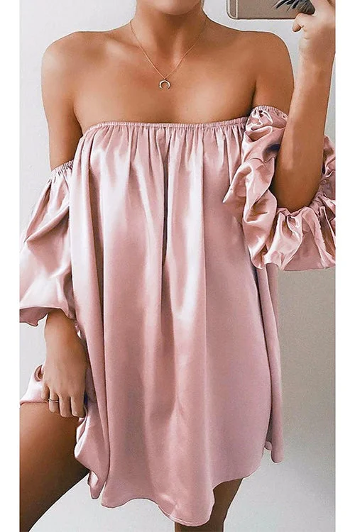 Off Shoulder Puff Sleeve Solid Mini Dress