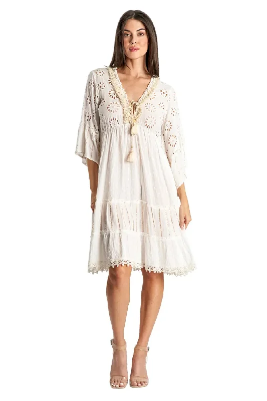 3/4 Sleeve Eyelet Resort Dress in White