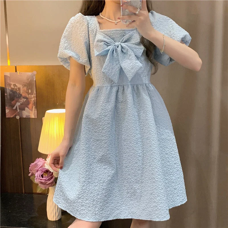 Cute Square Neck Puff Sleeve Lace Up Back Seersucker Skater Mini Dress - Sky Blue