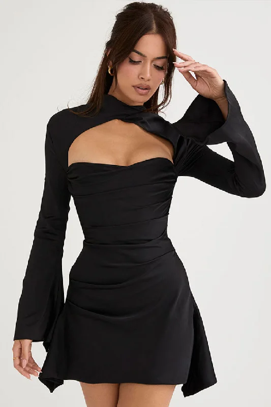 Silky Satin High Neck Long Sleeve Cutout Party Mini Dress - Black