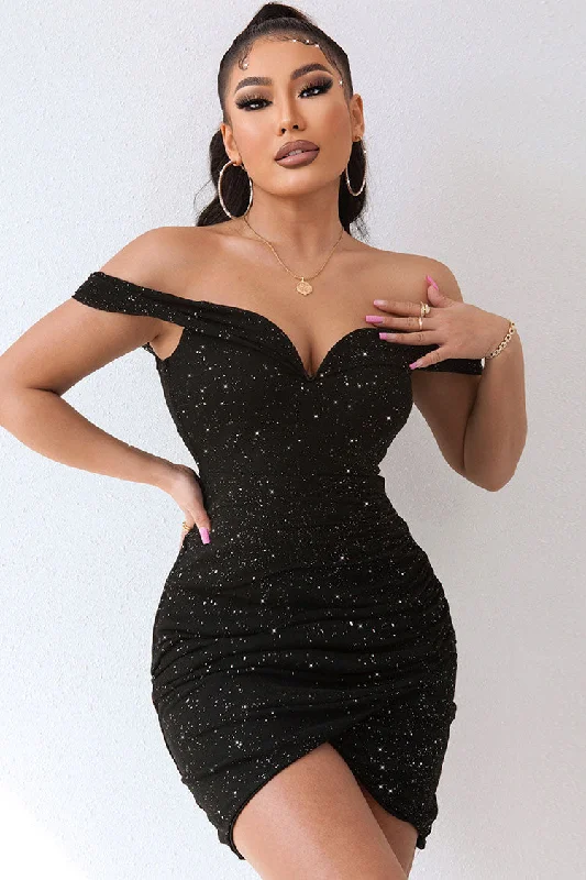 Sparkly Deep V Off The Shoulder Ruched Bodycon Party Mini Dress - Black