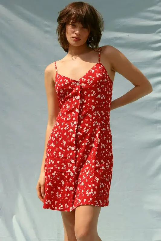 Vibrant Ditsy Floral V Neck Button Up Slip Mini Sundress - Red