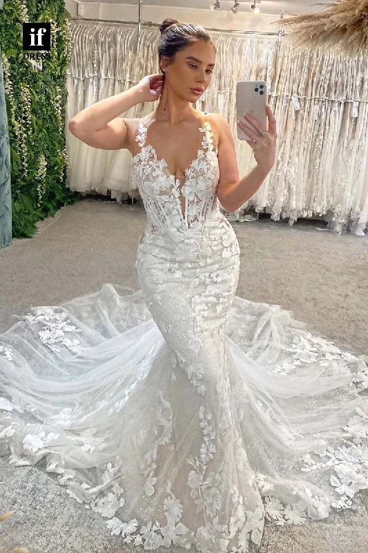 71201 - Classic Straps Low V-Neck Lace Appliques Mermiad/Trumpet Boho Wedding Dress