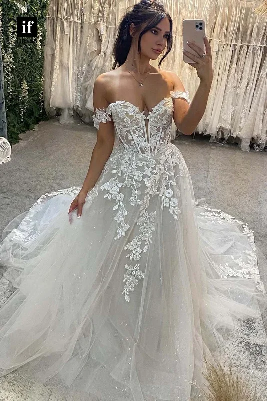 71202 - Off-Shoulder A-Line Lace Appliques Tulle Bohemian Weddding Dress