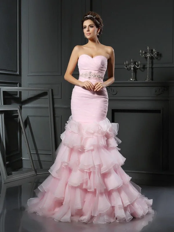 Trumpet/Mermaid Sweetheart Beading Sleeveless Long Organza Wedding Dresses