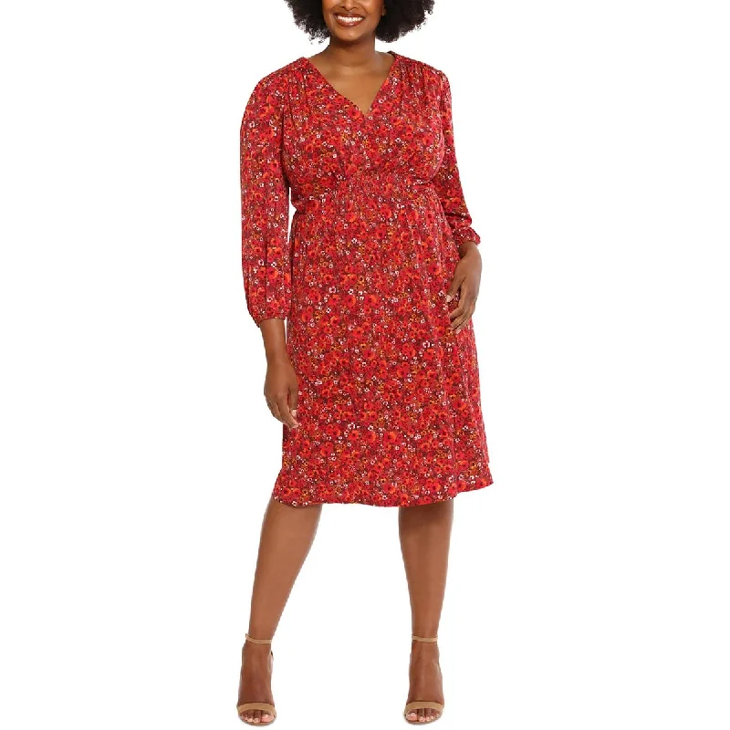 Plus Womens Smocked Semi-Formal Midi Dress