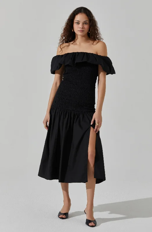 Shirred Off Shoulder Ruffle Dress