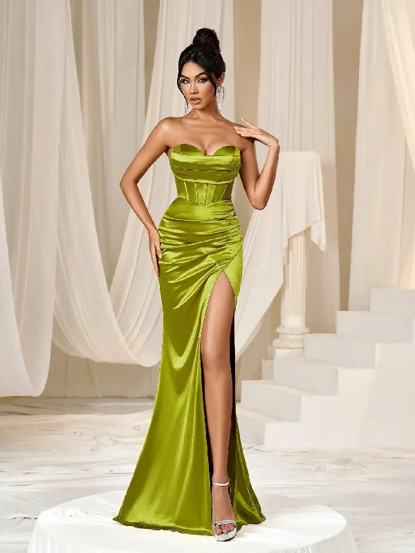 Elegant Strapless Split Thigh Satin Mermaid Maix Party Dress