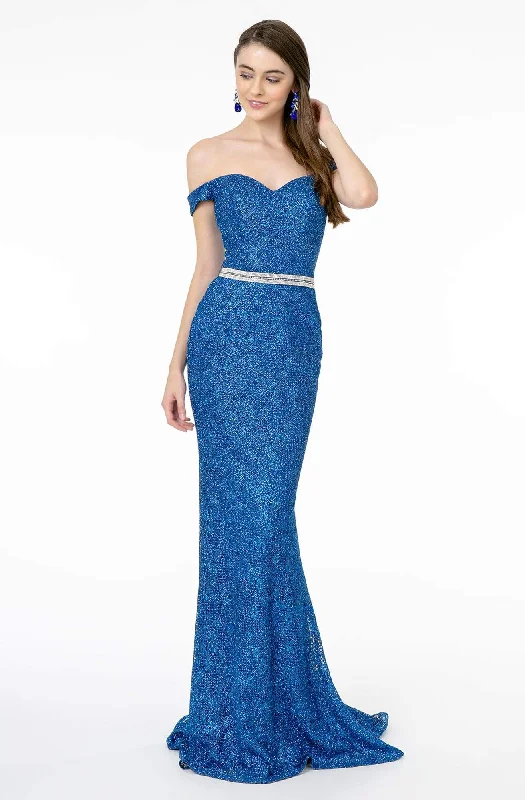 Elizabeth K - GL1829 Off Shoulder Jeweled Waist Glitter Gown