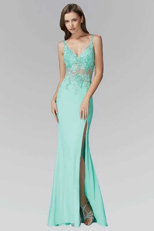 Elizabeth K - GL2052 Sheer Lace Applique Sheath Gown