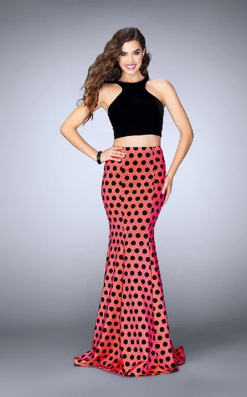 La Femme - 24297 Vivid Polka Dot Halter Mermaid Long Evening Gown