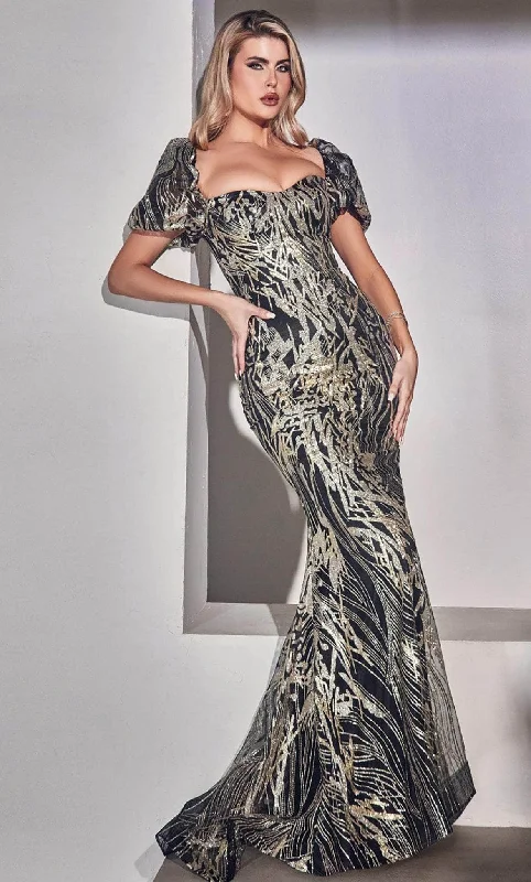 Ladivine J833 - Puff Sleeve Glitter Evening Gown