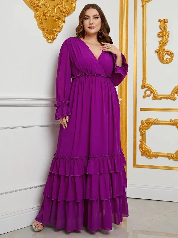 Plus Lantern Sleeves Layered Ruffle Hem Chiffon Party Dress