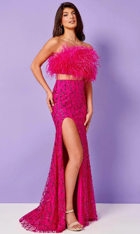 Rachel Allan 70467 - Two Piece Feathered Top Slit Gown