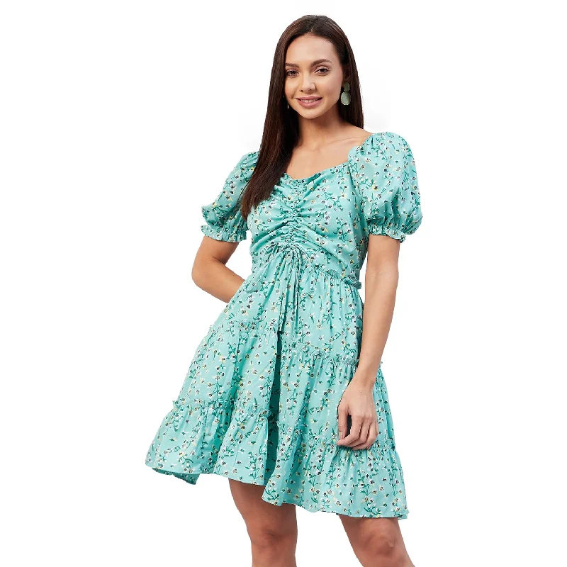 Carlton London Women's Polyester Fit and Flare Above The Knee Casual Dress (Green)