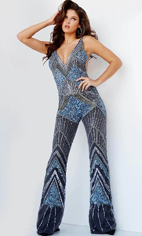 Jovani 23736 - Bejeweled Plunging Jumpsuit