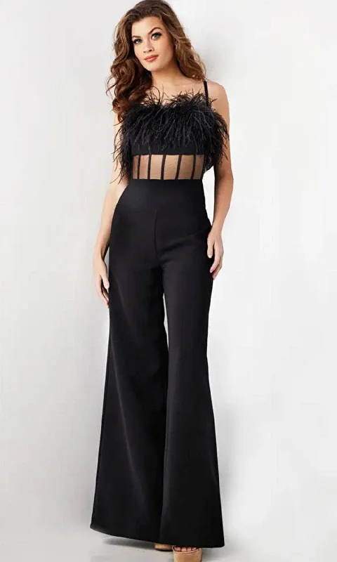 Jovani 24144 - Sleeveless Feather Detailed Jumpsuit