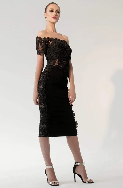 Nicole Bakti - 592 Lace Appliqued Off-Shoulder Cocktail Dress