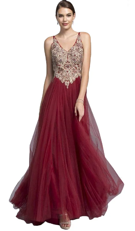 Trevi Collection - Jeweled V-neckline A-line Prom Dress