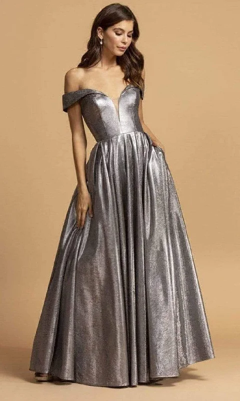 Trevi Collection - L2152 Metallic Off Shoulder A-Line Dress