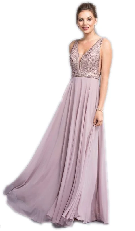 Trevi Collection - Ornate Deep V-neck A-line Prom Dress