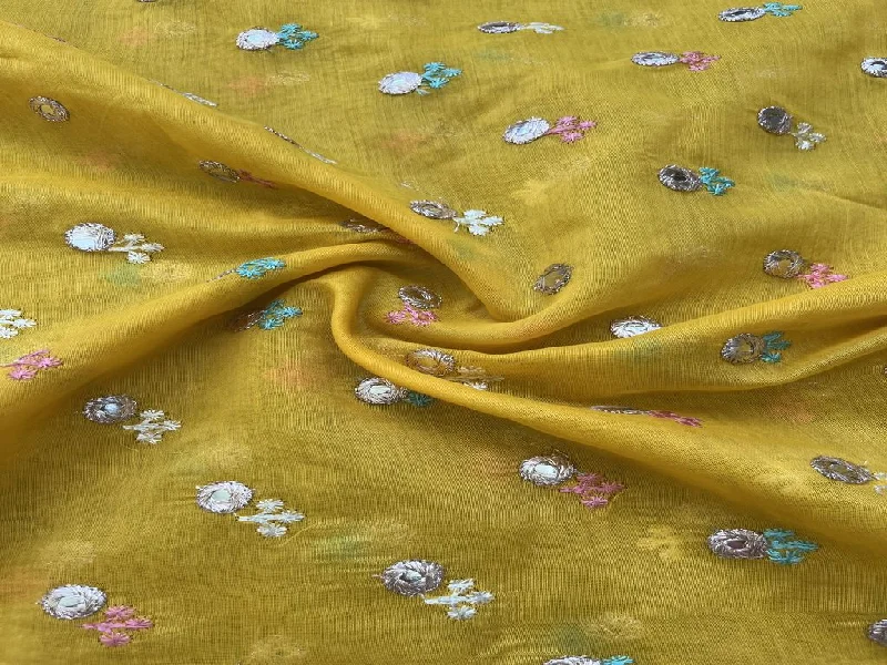 Yellow Motifs Faux Mirror Embroidered Chanderi Fabric