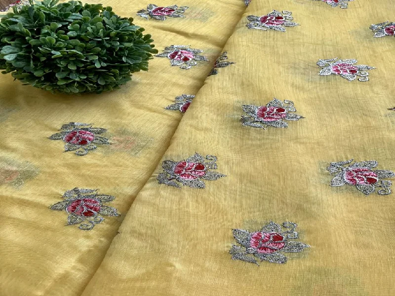 Yellow Motifs Zari & Thread Embroidered Chanderi Fabric