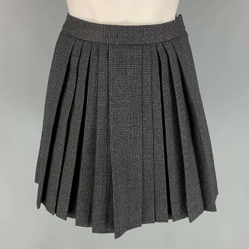 CELINE Size 4 Charcoal Plaid Wool Pleated Mini Skirt