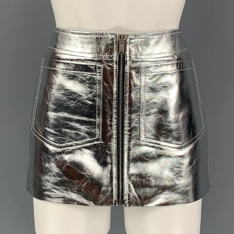 SAINT LAURENT 2022 Size 4 Silver Leather High Waist Mini Skirt