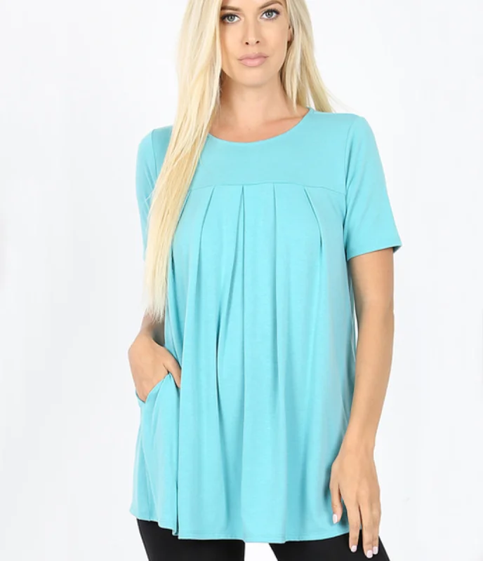 Short Sleeve Pleated Tunic Top w/ Pockets - Ash Mint (ready to ship)