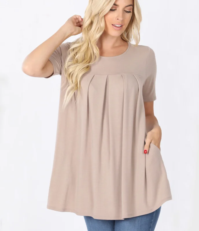 Short Sleeve Pleated Tunic Top w/ Pockets - Ash Mocha (ready to ship)