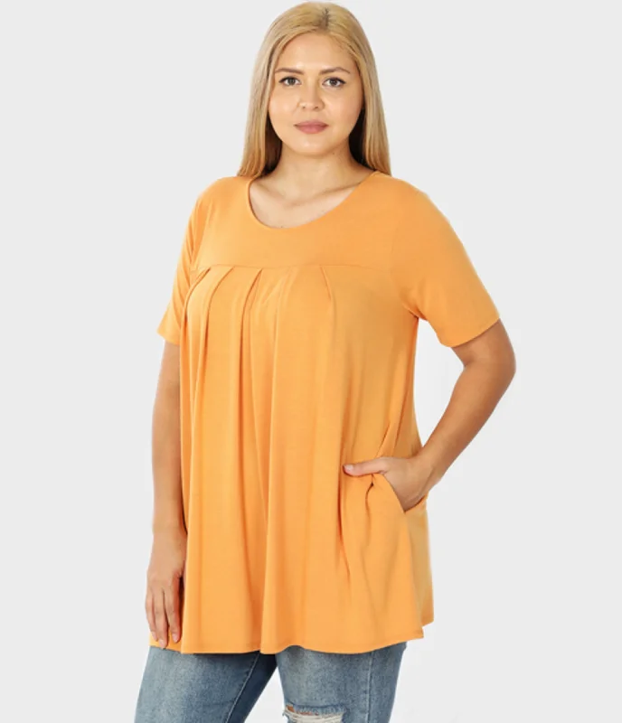 Short Sleeve Pleated Tunic Top w/ Pockets - Ash Mustard (ready to ship)