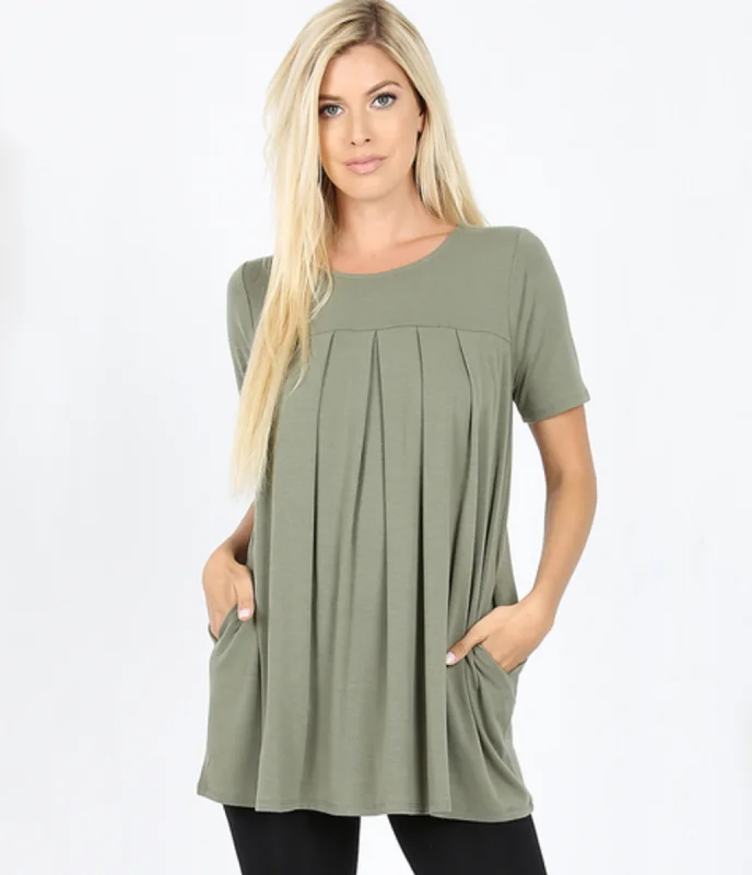 Short Sleeve Pleated Tunic Top w/ Pockets - Light Olive (ready to ship)