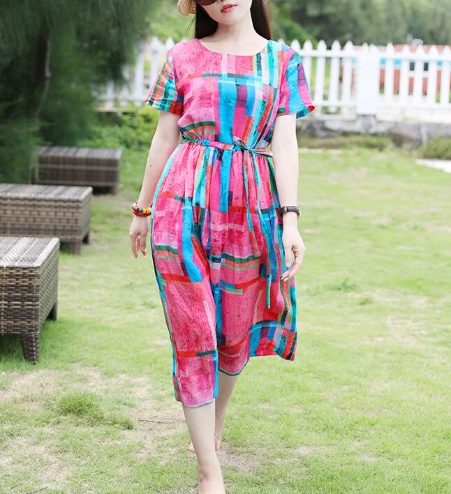 Print Floral Round Neck Linen Spring Dresses