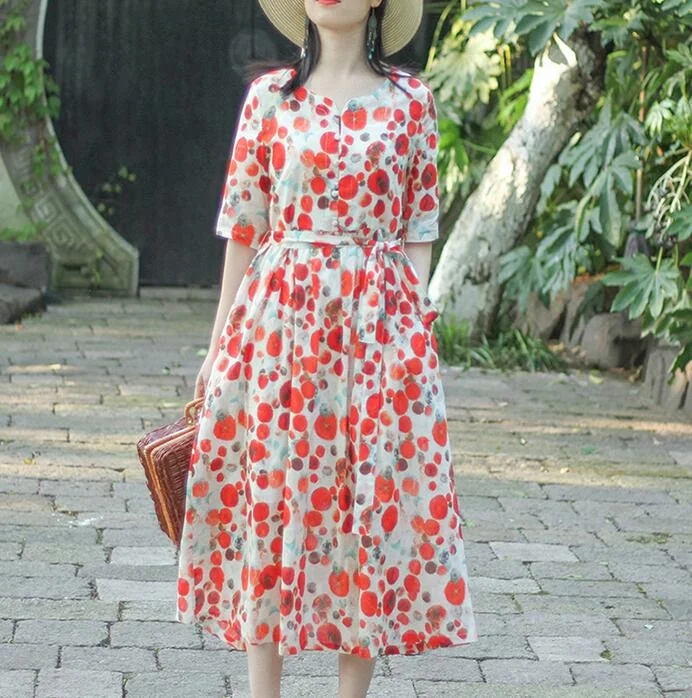 Red Floral Dotted Loose Long Summer Linen Cotton O Neck Spring Dresses