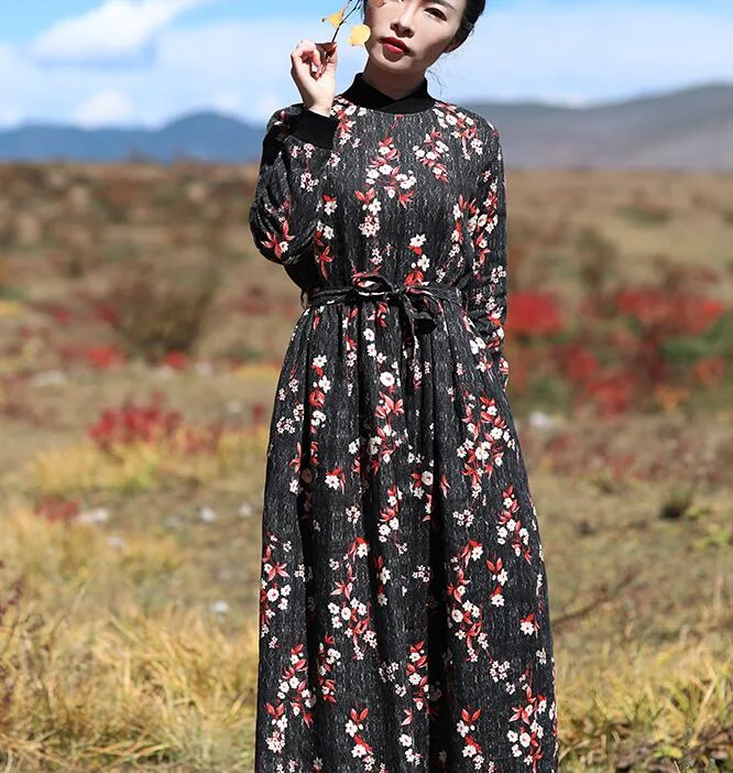 Print Floral Round Neck Linen Spring Dresses