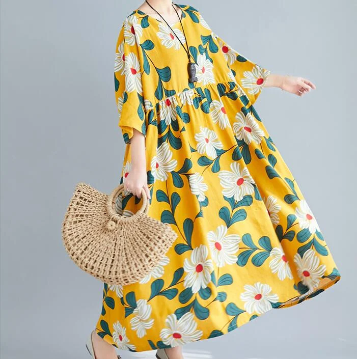 loose Floral Long Linen Batwing Women Spring Dresses Plus Size