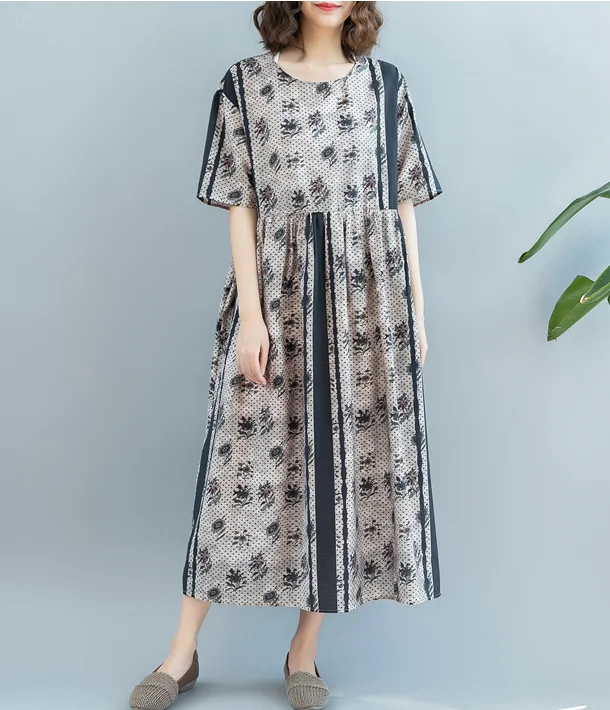 Loose Style Floral Summer Cotton Linen Spring Women Dresses QZ200521