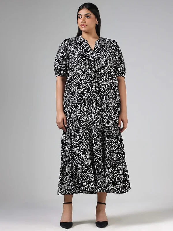 Gia Black Leaf Printed Long Dress