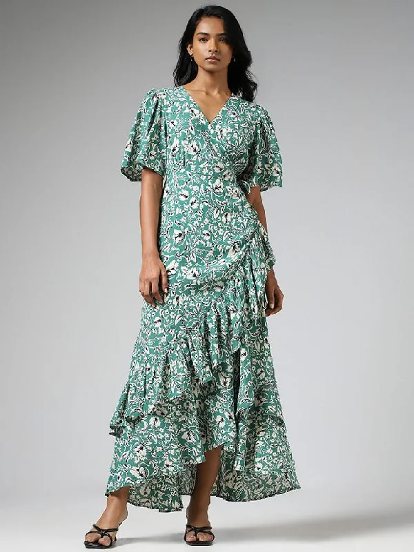 LOV Aqua Green Floral Printed Asymmetrical Wrap Dress